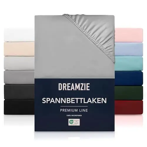 Produktbild: Dreamzie Spannbetttlaken 160x200 cm - Hoher Steg bis 33 cm - 100% Mikrofaser - Grau - Schadstoffgeprüft (Oeko TEX), Bettlaken mit Gummizug