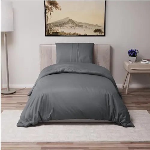 Produktbild: Dreamzie - Bettwäsche Set 135x200 cm mit 1 Kissenbezügen 50x70 cm Dunkelgrau - Bettbezug 135x200 Einzelbett aus 100% Mikrofaser - Zertifiziert ohne Chemikalien (Oeko TEX)
