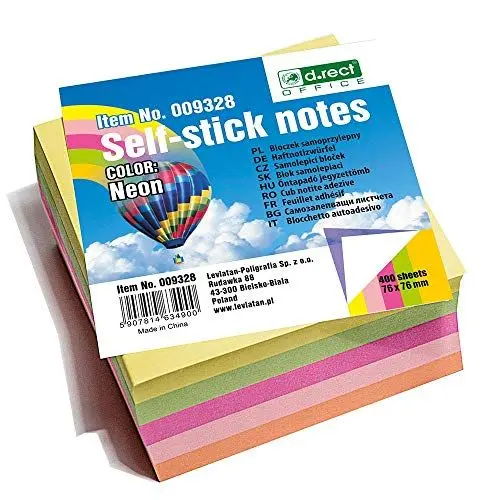 Produktbild: D.RECT 009328 Haftnotizwürfel Super Sticky Notes Selbstklebende Haftnotizzettel in 76x76mm 400 Blatt Neon, 1 Stück