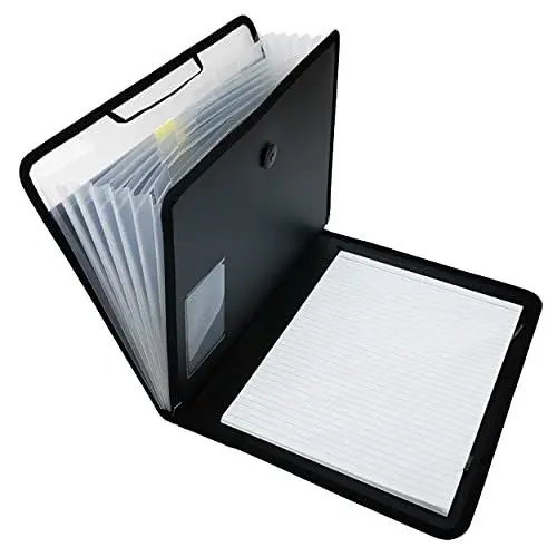 Produktbild: D.RECT Aktentasche Notizbuch im Set Fächermappe Ordnungsmappe Erweiterbar Tragbar Aktenordner Dokumentenmappen, runder Gummizug mit Verschlussknopf, 7 Fächer A4 Schwarz