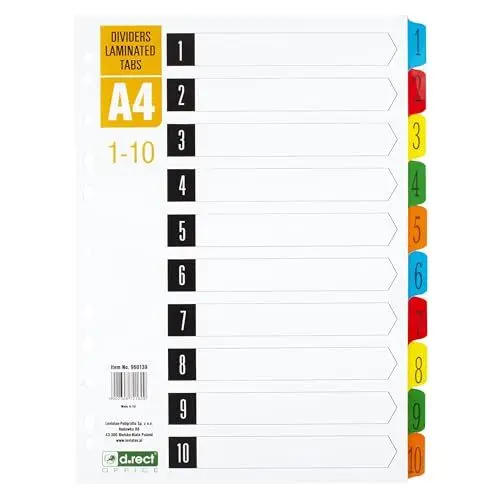 Produktbild: D.RECT Laminierte Register A4 für Dokumente, Registerkarten, 1-10, farbcodiert