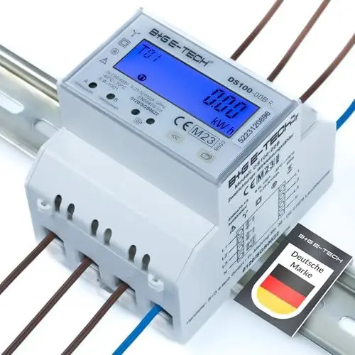 Produktbild: Drehstromzähler (DS100-00B-R - MID 23) digitaler 3 Phasen zweirichtungs Stromzähler für Hutschiene (4TE) mit LCD, RS485 Modbus RTU und 2x S0 Impuls, MID geeicht, 100A direkt, Einspeisezähler/Wattmeter