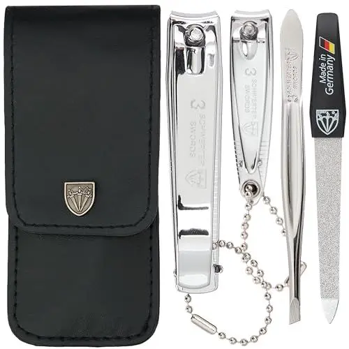 Produktbild: DREI SCHWERTER Germany Maniküreset Nagel Set 'Bari' - 4-tlg. aus Kunstleder in schwarz, Inhalt: Pinzette, Saphirnagelfeile, Fingernagelknipser, Fußnagelknipser, perfekt für die Handtasche!