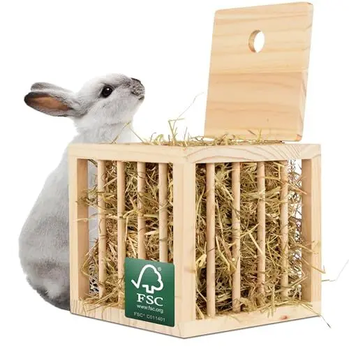 Produktbild: Heuraufe Kaninchen, Hasen, Hamster. Stabiler Stand in Würfelform. Unbehandeltes Naturholz. Perfekt für den Kaninchenstall. Heuraufe Meerschweinchen. Heu. Zubehör. Groß. Stehend | Drei Eichen