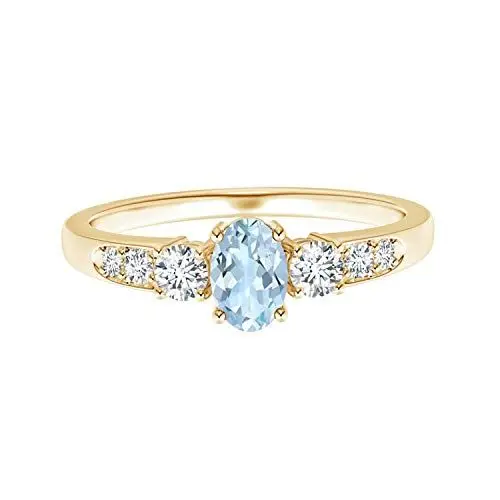 Produktbild: Drei Stein 5 x 7 mm ovaler blauer Aquamarin-Edelstein 925er Sterling Silber Weißer Zirkonia-Ring mit Seitenakzenten (Gold-Vermeil, 19)