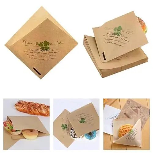 Produktbild: Dreieckige Papiertüte für Lebensmittelverpackungen, 100 Blatt Burger Papier 15 * 15cm, Snacktaschen Kraftpapier, Deli Papierblätter, Einweg-Lebensmittelverpackungspapier für Burger und Pommes