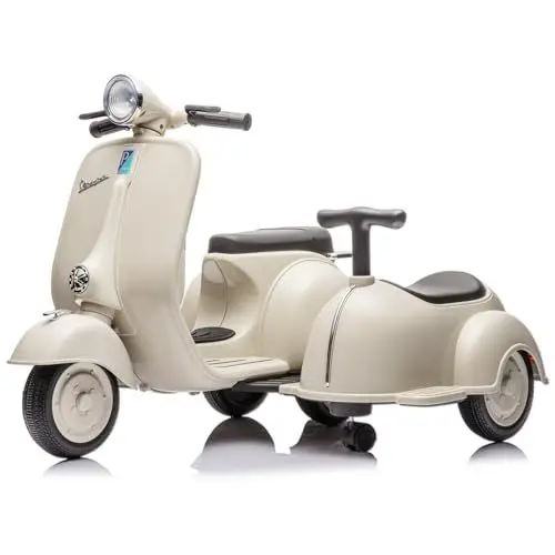 Produktbild: Dreirad Elektrofahrzeug 2 Sitze Kinderfahrzeug 2–4 km/h 6V Vespa Kindermotorrad Elektro-Motorrad mit Musik Bluetooth Tretfahrzeug Kinder ab 3 Jahren Hellbrau