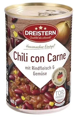 Produktbild: DREISTERN Chili con Carne 400g I Mit Rindfleisch & Gemüse I High-Protein-Eintopf mit hochwertigen Nährwerten I Lange Haltbarkeit & ohne zugesetzte Konservierungsstoffe I Hausmacher Qualität
