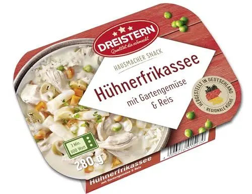 Produktbild: DREISTERN Hühnerfrikassee 280g I Mit Gemüse & Reis I Herzhaftes Fertiggericht in Mikrowellenschale I Lange Haltbarkeit dank natürlicher Konservierung I Hausmacher Qualität