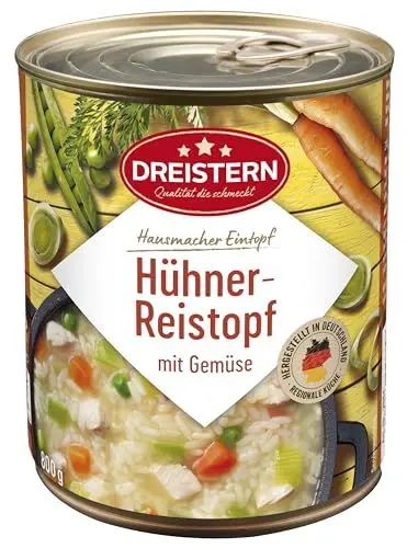 Produktbild: DREISTERN Hühner-Reistopf 800g I Mit Hühnerfleisch & Gemüse I Herzhafter Eintopf in recyclebarer Konservendose I Lange Haltbarkeit dank natürlicher Konservierung I Hausmacher Qualität