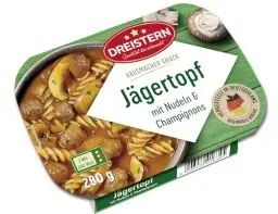 Produktbild: DREISTERN Jägertopf 280g I Mit Champignons & Nudeln I Herzhaftes Fertiggericht in Mikrowellenschale I Lange Haltbarkeit dank natürlicher Konservierung I Hausmacher Qualität
