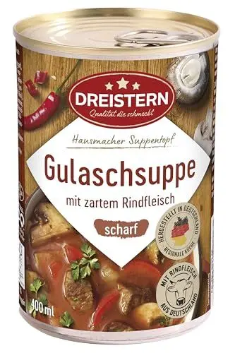 Produktbild: DREISTERN scharfe Gulaschsuppe 400g I Mit zartem Rindfleisch & Gemüse I Pikanter Eintopf in recyclebarer Konservendose I Lange Haltbarkeit dank natürlicher Konservierung I Hausmacher Qualität
