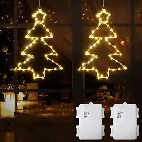 Produktbild: DreiWasser Beleuchtet Fensterdeko Weihnachtsbäume Batteriebetrieben 2 Stück 120 LED Weihnachtsbaum mit 1m Zuleitung und Timer für Fenster Beleuchtung Deko