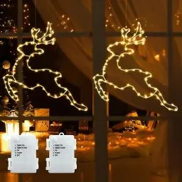 Produktbild: DreiWasser Beleuchtet LED Fensterdeko Springende Rentiere Warmweiß Batteriebetrieben, 2 Stück 160 LED Rentier Weihnachten mit 1m Zuleitung und Timer für Fenster Beleuchtung Deko Hängen Weihnachtsdeko