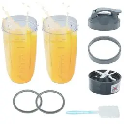 Produktbild: DRELD 8 Stück Mixer Ersatzteile Kompatibel mit NutriBullet Entsafter 600W/900W, 2 Mixbecher 32oz / Extraktorklinge/Flip-Top To-Go Deckel Ring / 2 Gummidichtungen/Reinigungsbürste