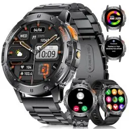 Produktbild: DREMAC Smartwatch Herren Militär,530 mAh Akku/1,43'' Amoled-Sportuhr mit Taschenlampe/3 Armbänders,120+ Sportmodi,IP68 Wasserdicht Fitnessuhr mit 24/7 Herzfrequenz,SpO2,Schlafmonitor für Android iOS