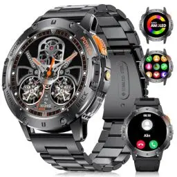 Produktbild: DREMAC Smartwatch Herren mit LED Taschenlampe 1,43'' Amoled-Smartwatch,120+ Sportmodi,530 mAh Akku,Fitnessuhr mit 24/7Herzfrequenz,SpO2,Schlafmonitor,IP68 Wasserdicht für Android iOS(2 Band)