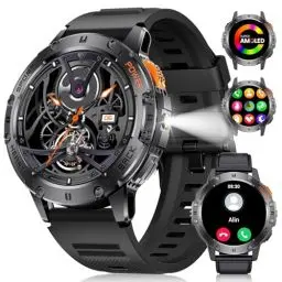 Produktbild: DREMAC Smartwatch Herren mit Taschenlampe, 1,43-Zoll-AMOLED-Smartwatch mit 530 mAh, Bluetooth-Anrufen, Schlafüberwachung, Schrittzähler, Sport-Silikon-Schwarze Smartwatch Android iOS