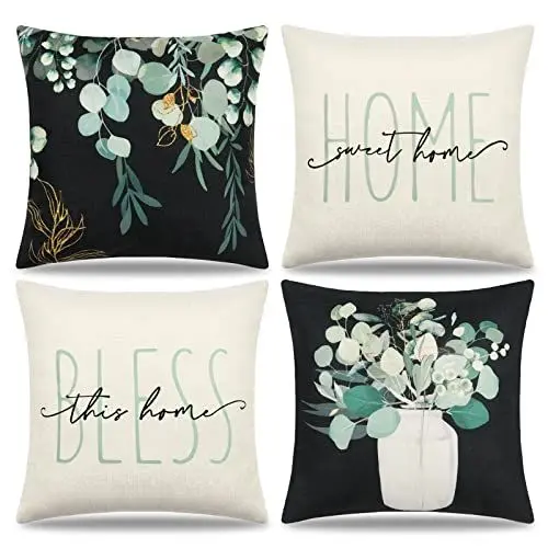 Produktbild: Dremisland 4er Set Dekorative Kissenbezüge 45x45 Sofakissen Beige und Grau Kissenbezug Eukalyptus Dekokissen Leinen Kissenhülle Couchkissen Kopfkissenbezug (Schwarz, 45 x 45 cm)