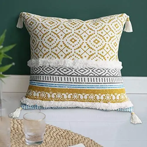 Produktbild: Dremisland Marokko getuftete Boho Kissenbezüge - Rechteck Baumwolle Dekokissen Kissenbezüge Quaste Kissenbezug Weich Kissenhülle für Sofa Couch Auto Schlafzimmer Wohnzimmer (Gelb, 50x50cm)