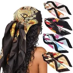 Produktbild: DRESHOW 90x90cm Große Quadratische Schals für Damen 4 Stück Seide Kopftuch Bandanas Haartuch Halstuch Haarschmuck