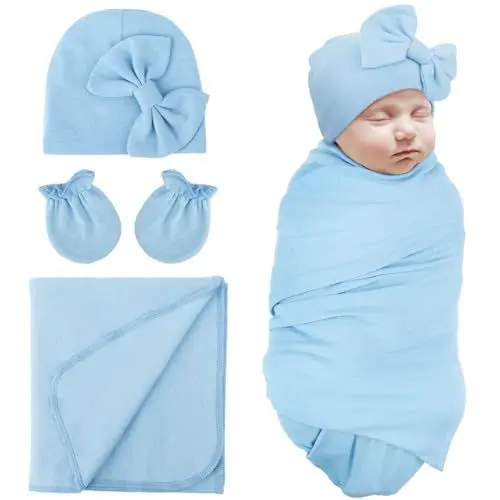 Produktbild: DRESHOW Baby Pucktuch Baby Decke Neugeborenen Swaddle Pucksack mit Baby Fäustlingen Bogen Mütze