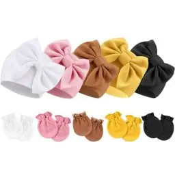 Produktbild: DRESHOW Neugeborene Baby Mütze Fäustlinge Krankenhaus Hut Beanie Säuglingshüte mit Schleife Baby Handschuhe for 0-6 Monate