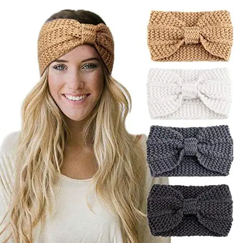 Produktbild: DRESHOW 4 Stück Damen Gestrickt Stirnband Winter Strick Breite Kopfband Elastische Haarband Stirnband Häkelarbeit Ohr Wärmer Damen