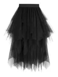 Produktbild: Dressever Damen Unregelmäßiger Tüllrock Mehrschichtiger Mesh Faltenrock A-Linie Hoher Taillierter Rock Ballett Tutu Abschlussball Party Karneval Party Rock Schwarz Small