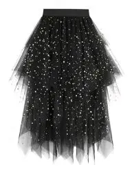 Produktbild: Dressever Damen Unregelmäßiger Tüllrock Mehrschichtiger Mesh Faltenrock A-Linie Hoher Taillierter Rock Ballett Tutu Abschlussball Party Karneval Party Rock Schwarz Sequin Large