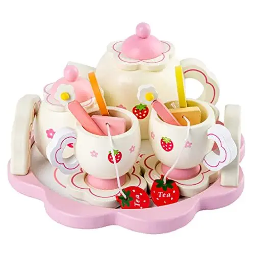 Produktbild: DRESSOOS 1 Set Holz Teegeschirr Spielzeug Für Kinder Rosa Teegeschirr Set Für Teeparty Rollenspiele Kinderspielzeug Für Kreative Küchenspiele Mit Zubehör Zufälliger Farbe