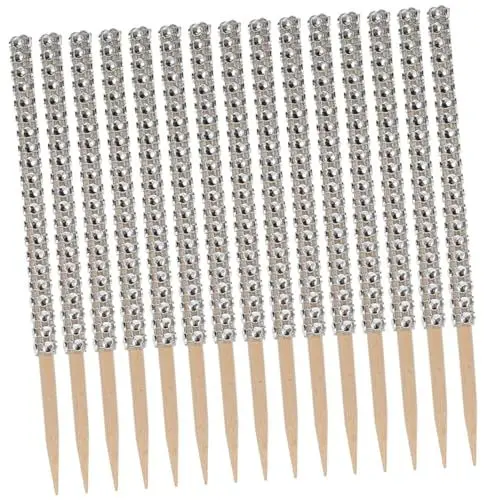 Produktbild: DRESSOOS 32st Apfelstäbchen Bling Leckerli Sticks Karamell-Apfel-Stick Cake-pop-verpackungen Mit Bändern Krispie Cake-pops-Sticks Obstbesteck Strasssteine ​​Candy Apple Sticks Silver Holz
