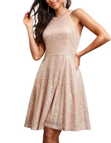 Produktbild: DRESSTELLS Damen Ärmellos Paillettenkleider Knielang Ballkleid Brautjungfernkleider Hochzeitskleider für gäste Knielang Brautkleid Champagne L