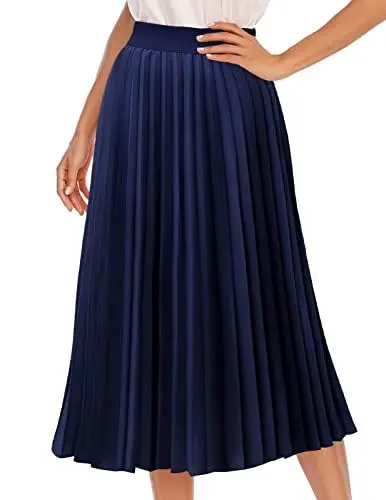 Produktbild: DRESSTELLS Faltenrock Damen Midi Plisseerock Elegent Boho Elastisch Chiffon Rock A-Linie Vintage Retro Rock Navy S
