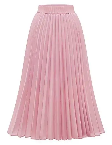 Produktbild: DRESSTELLS Faltenrock Damen Midi Plisseerock Elegent Boho Elastisch Chiffon Rock A-Linie Vintage Retro Rock Blush L
