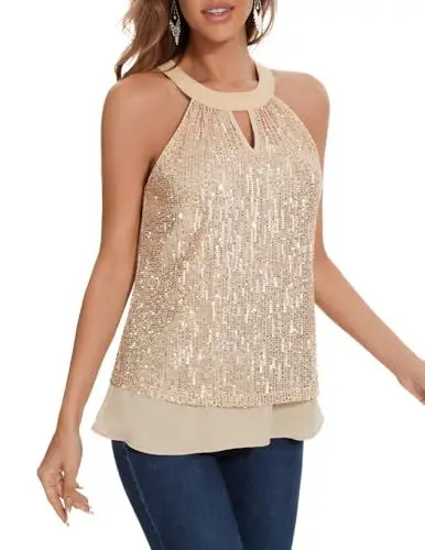 Produktbild: DRESSTELLS Glitzer Oberteile Damen Neckholder Top Pailletten Oberteil Ärmellose Bluse Elegant Glitzertop Frauen Sommer Party Outfit Sexy Disco Tshirt Champagne XL