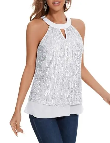 Produktbild: DRESSTELLS Glitzer Oberteile Damen Neckholder Top Pailletten Oberteil Silber Ärmellose Bluse Elegant Glitzertop Frauen Sommer Party Outfit Sexy Disco Tshirt Silver L