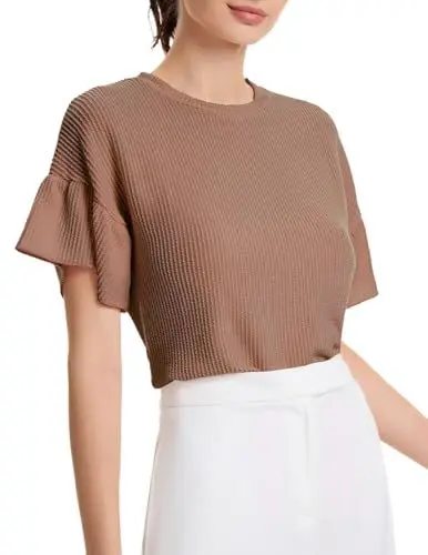 Produktbild: DRESSTELLS Pullover Shirt Khaki Damen Kurzarm Sommer Top Elegant Rundhals Rippstrick Oberteil Stretch Casual Frühling Tops Caramel M