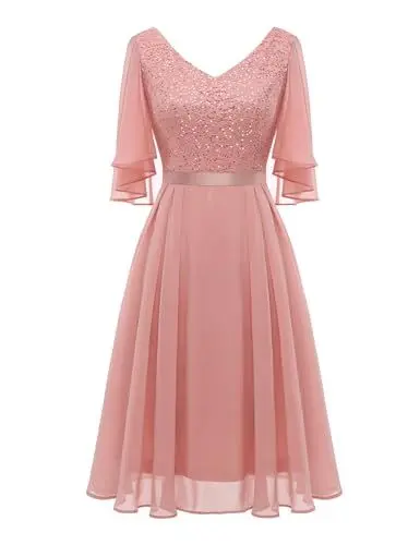 Produktbild: Dressystar Cocktailkleid Damen Elegant Abendkleider Festliche Damenmode mit Pailletten Overlay V-Ausschnitt Sommer Kleid Blush M