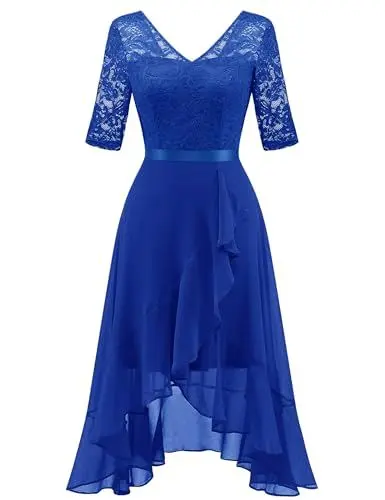 Produktbild: Dressystar Damen Abendkleid Elegant V Ausschnitt Kleid Kurz Ärmel Festlich Cocktailkleid Ballkleider Silvester Royalblau L