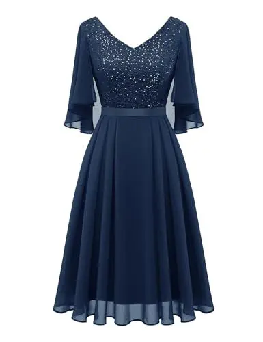 Produktbild: Dressystar Damen Elegant Cocktailkleid V-Ausschnitt Spitzenkleid Pailletten Knielang Partykleider Chiffon Federmausärmel Marineblau S