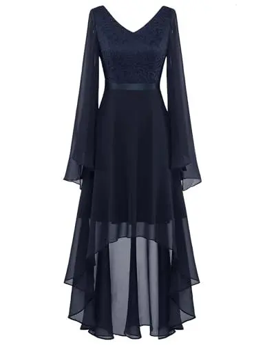 Produktbild: Dressystar Damen Vokuhila Abendkleider Elegant für Hochzeit Brautjungfernkleider Lang mit Ärmeln Marineblau XL