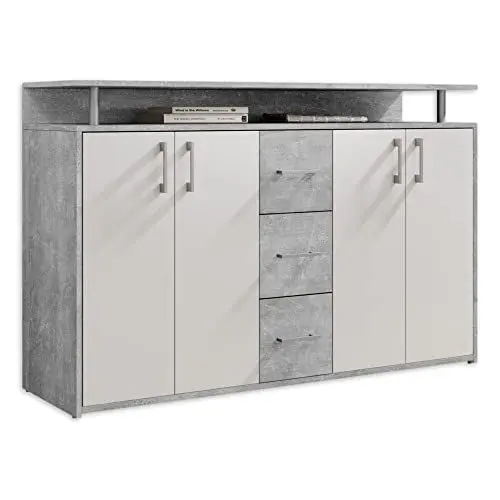 Produktbild: DRIFT Sideboard mit Ablage in Beton Optik, Weiß - Moderne Kommode mit Schubladen und viel Stauraum für Ihren Wohnbereich - 139 x 90 x 34 cm (B/H/T)