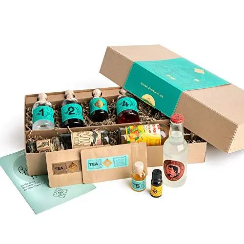 Produktbild: DRINK SYNDIKAT Gin Geschenk Set für 6 Gin und Tee Cocktails - Gin Tonic und Moscow Mule Variationen | Tasting Set mit Zutaten und Rezepten