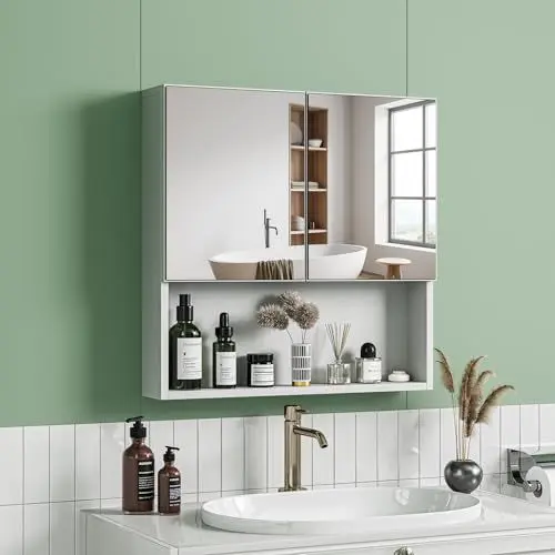 Produktbild: Dripex Badezimmerschrank mit Spiegel, 2 türiger Badspiegelschrank mit Ablage, Spiegelschrank Bad mit verstellbarem Einlegeboden, Weiß 60 x 60 x 12 cm