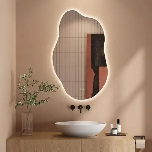 Produktbild: Dripex Badezimmerspiegel Led Badspiegel, Asymmetrisch, Touch-Schalter, Dimmbar, 3 Lichtfarbe Einstellbare Spiegel Bad mit Beleuchtung, Organischer Wandspiegel, Beschlagfrei 85x52 cm