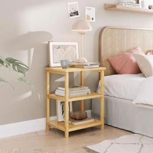 Produktbild: Dripex Nachttisch, Beistelltische mit 3 Ablagen, Couchtisch, Sofatisch für Schlafzimmer, Wohnzimmer, 40x30x50cm, Wohnzimmertisch Bambus