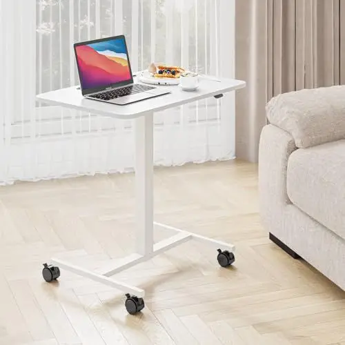 Produktbild: Dripex Computertisch höhenverstellbar mit Rollen, Schreibtisch klein, mobiler Stehpult, Überbett pflegetisch, beistelltisch für Wohnzimmer, Steh-Sitz PC Tisch, weiß