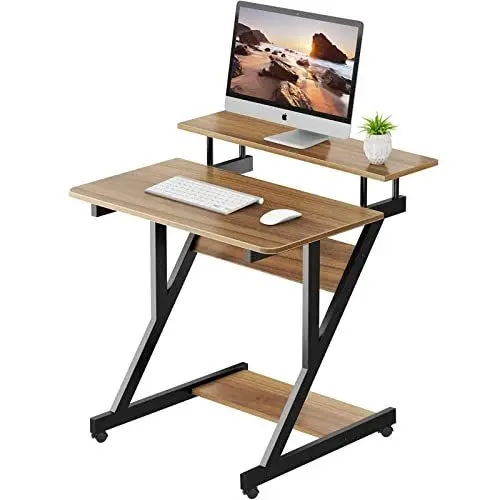 Produktbild: Dripex Computertisch mit Rollen Z-förmiger Schreibtisch, Mobiler Laptoptisch mit Regalen für kleine Räume, Home Office 70x60x73CM Dunkelbraun