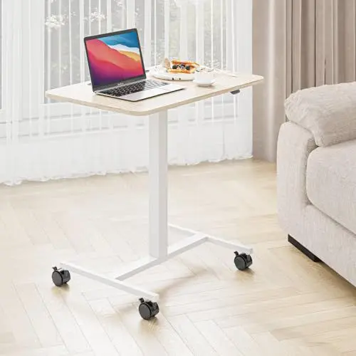 Produktbild: Dripex Computertisch mit Rollen höhenverstellbar, mobiler Stehpult, ergonomischer Stehschreibtisch, Überbett beistelltisch, Steh-Sitztisch für Büro Homeoffice, pneumatisch Schreibtisch, weiß Oak